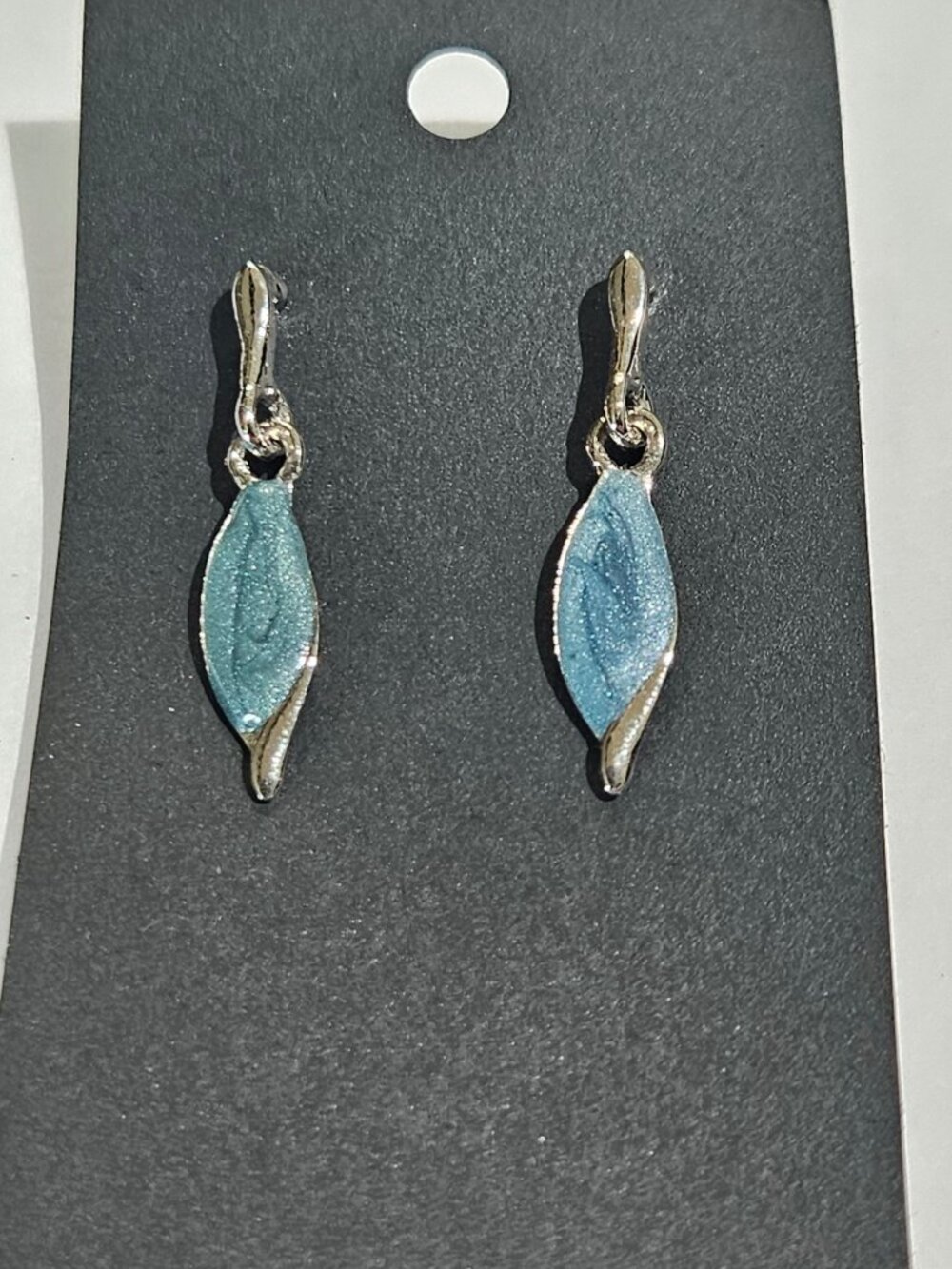 Vintage Teal Blue Enameled Silvertone Dangle Earrings Made in USA 1 3/8 inches